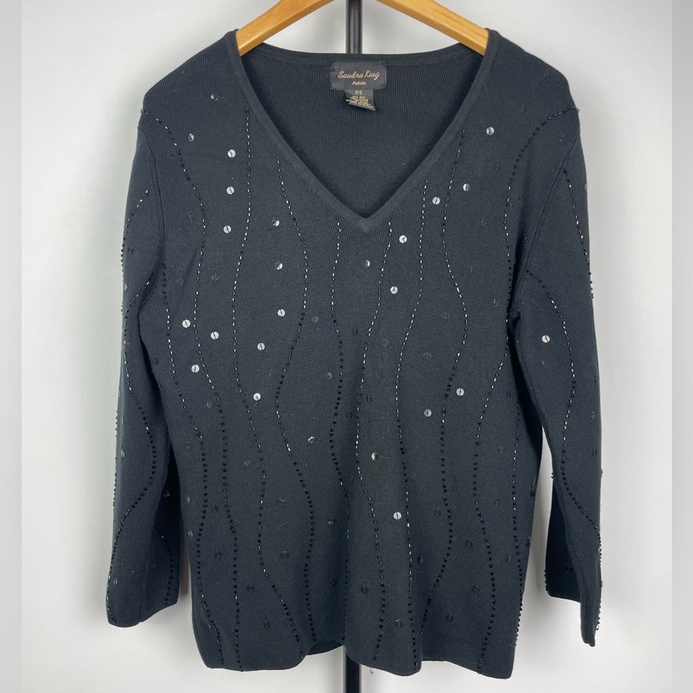 Sandra King Black Silk‎ Blend Sequin Beaded V-Neck Sweater